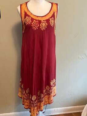 Batik Shift Embroidery Dress Red Yellow & Orange, Festivals,Beach Coverup